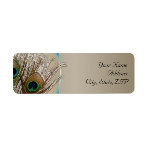 Modern Taupe Aqua Peacock Feather Return Address Label
