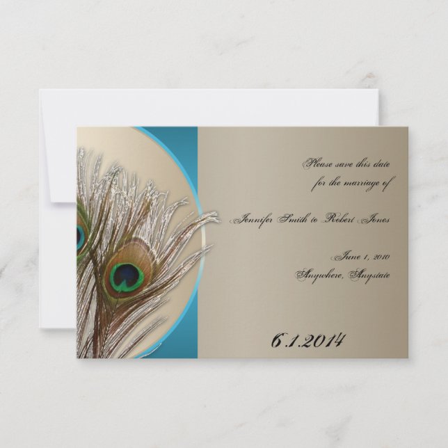 Modern Taupe Aqua Peacock Feather Save the Date (Front)