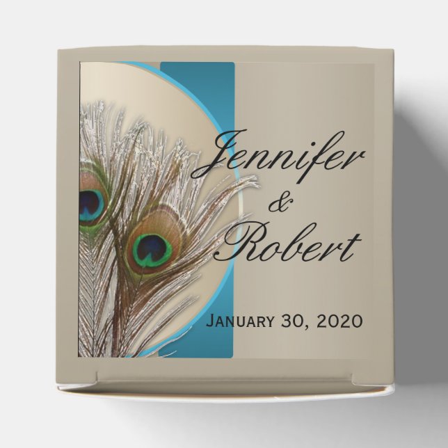 Modern Taupe Aqua Peacock Feather Wedding Favor Bo Boxes (Top)