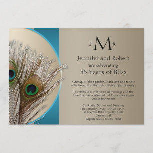 Modern Taupe Aqua Peacock Wedding Anniversary Invitation