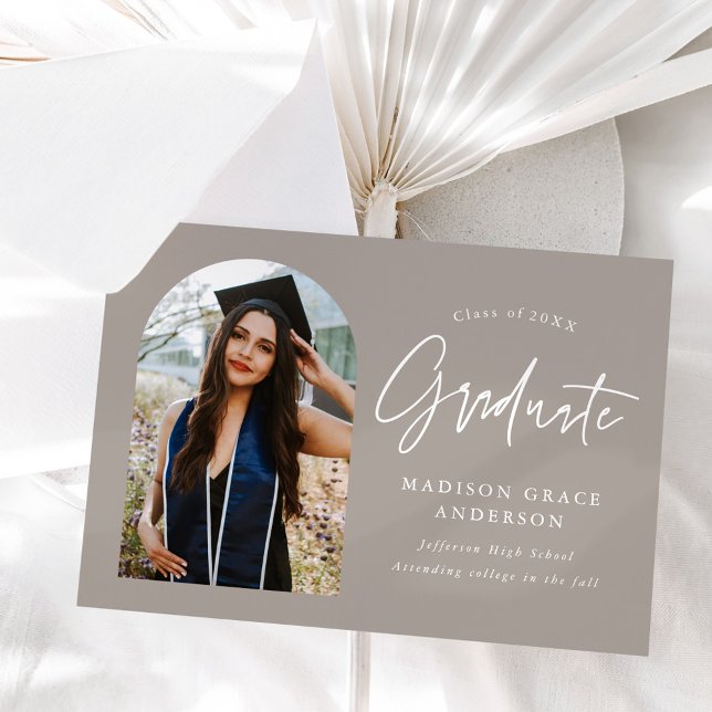 Modern Taupe Arch Photo Graduation Announcement (Creator Uploaded)