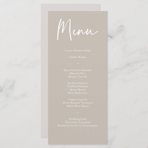 Modern Taupe Beige Calligraphy Wedding Dinner Menu