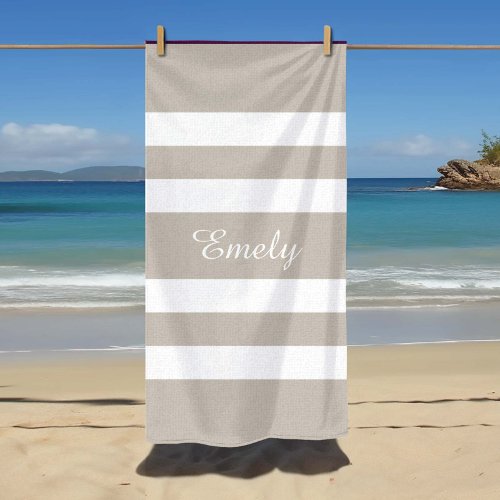 Modern Taupe Beige Striped  Beach Towel