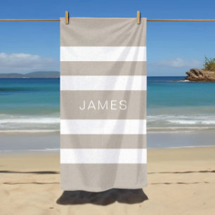 Modern Taupe Beige Striped Name Beach Towel