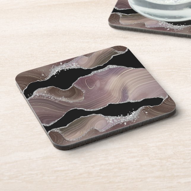 Modern Taupe & Black Agate Silver Glitter Beverage Coaster (Left Side)