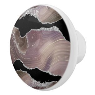 Modern Taupe & Black Agate Silver Glitter Geode Ceramic Knob