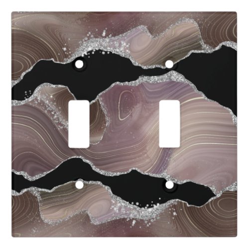Modern Taupe  Black Agate Silver Glitter Geode Light Switch Cover
