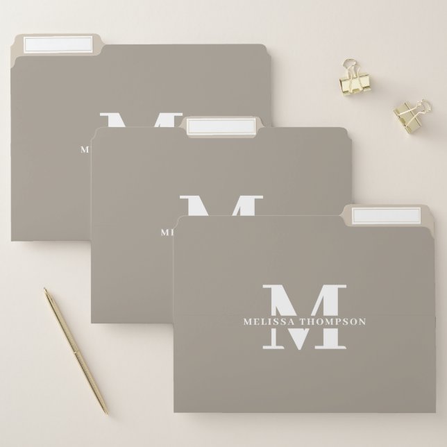 Modern Taupe Brown Monogrammed Organization File Folder (Set)