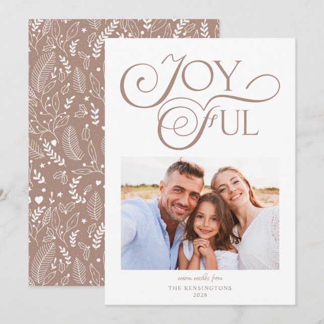 Modern Taupe Clay Pattern Joyful Christmas Photo Holiday Card (Front/Back)