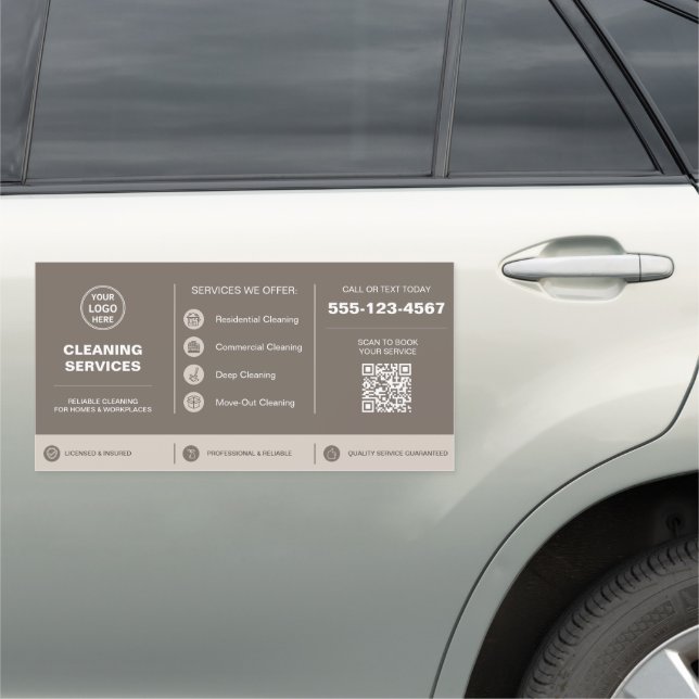 Modern Taupe Cleaning Services Logo QR Code Car Magnet (In Situ)