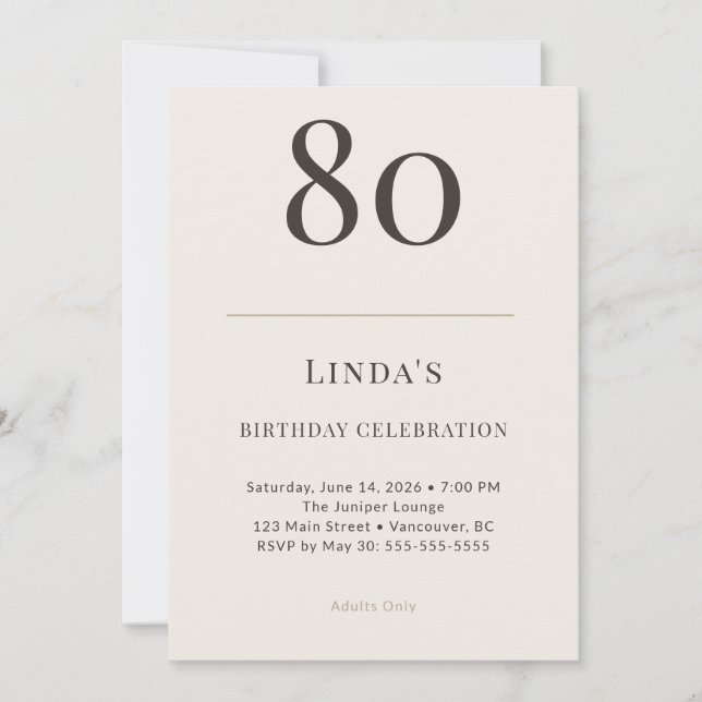 Modern Taupe & Cream 80th Birthday Celebration Invitation (Front)