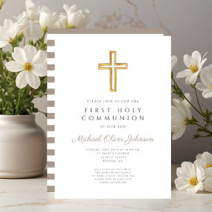 Modern Taupe Cross Boy First Communion Invitation