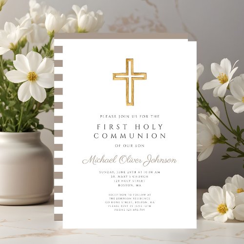 Modern Taupe Cross Boy First Communion