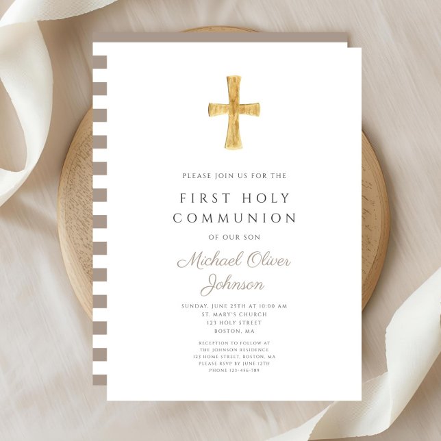 Modern Taupe Cross Boy First Communion Invitation (Modern Taupe Cross Boy First Communion Invitation)