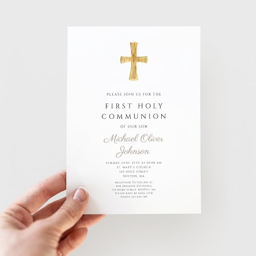 Modern Taupe Cross Boy First Communion Invitation