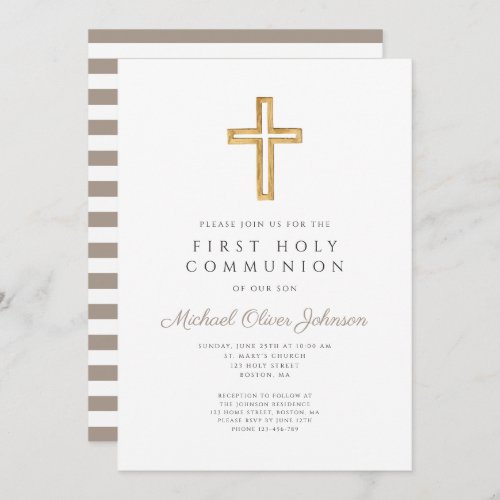 Modern Taupe Cross Boy First Communion Invitation
