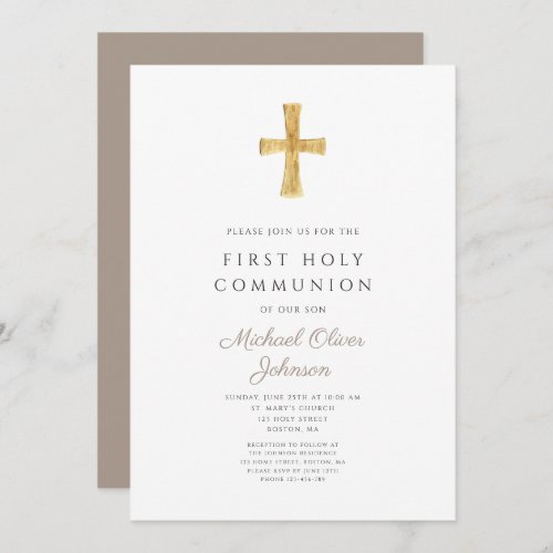 Modern Taupe Cross Boy Holy Communion Invitation