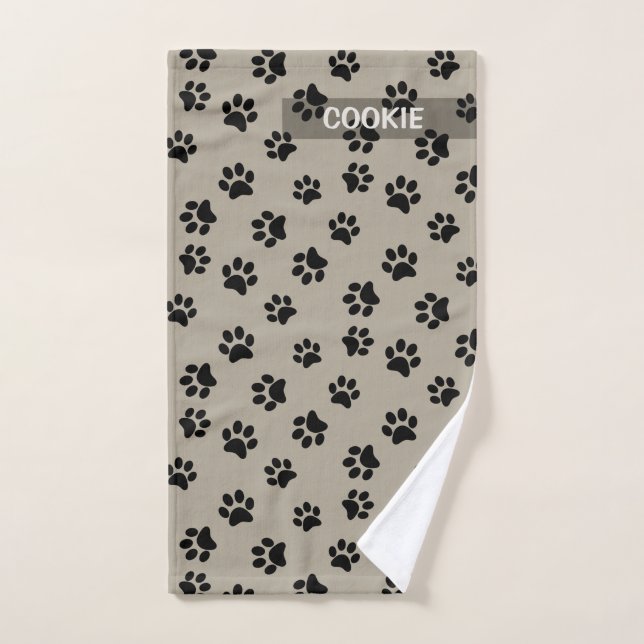 Modern Taupe Cute Paw Print Pattern Dog Towel (Hand Towel)