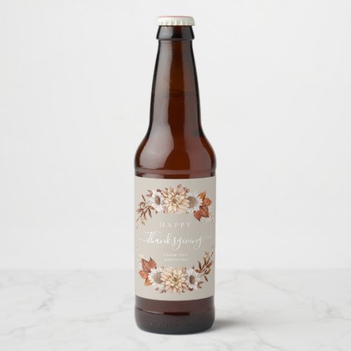 Modern Taupe Fall Leaves Happy Thanksgiving Beer Bottle Label