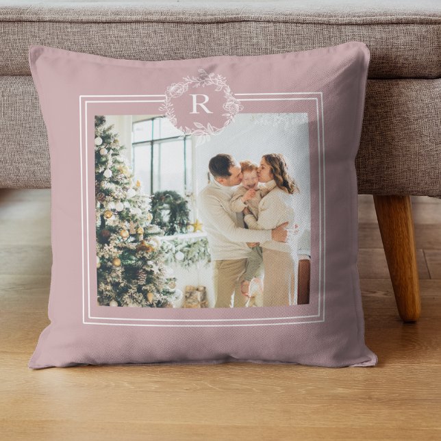 Modern Taupe | Family Photo | Initial  Throw Pillow (Creator Uploaded)