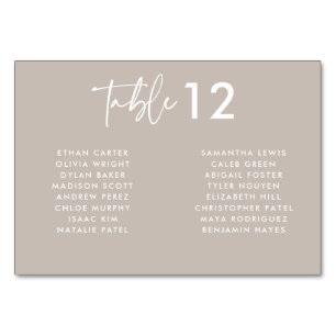 Modern Taupe Handwritten Script Names Wedding Table Number