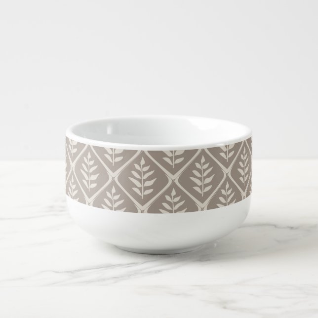Modern Taupe Leaf Pattern Soup Mug (Front)