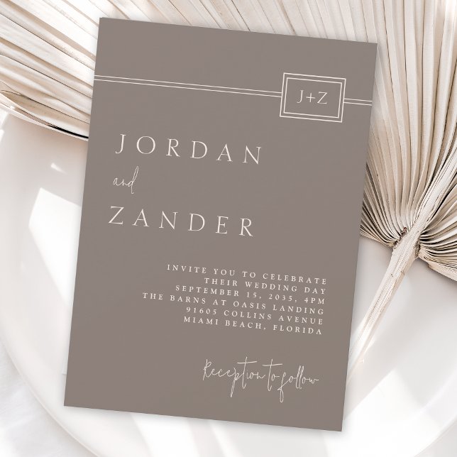Modern Taupe Minimalist Monogram Wedding Invitation (Creator Uploaded)