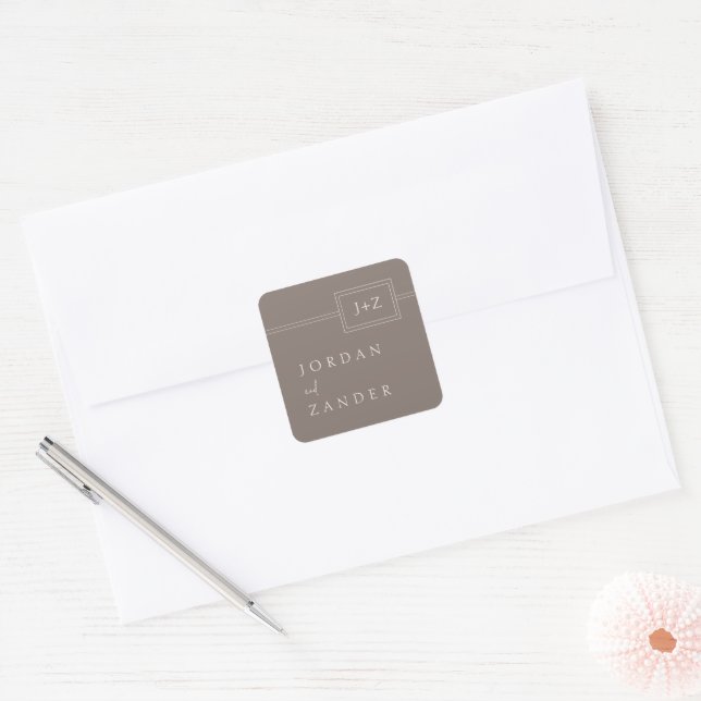 Modern Taupe Minimalist Monogram Wedding Square Sticker (Envelope)