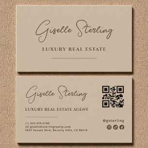 Modern Taupe Minimalist Script QR Code Business Card