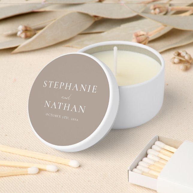 Modern Taupe Minimalist Wedding Mini Candle Favors (Insitu)