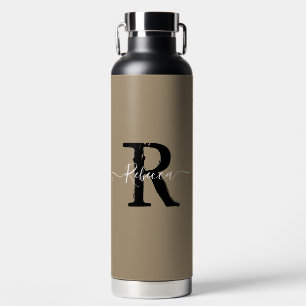 Modern Taupe Monogram Script Name Water Bottle