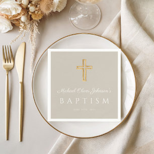 Modern Taupe Religious Cross Baptism Napkins