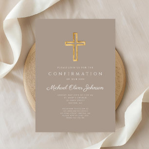 Modern Taupe Religious Cross Boy Confirmation Invitation