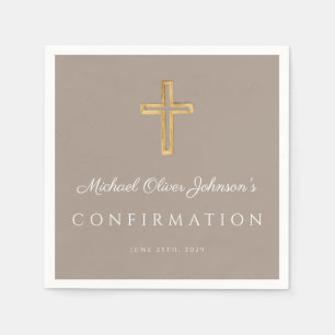 Modern Taupe Religious Cross Boy Confirmation Napkins