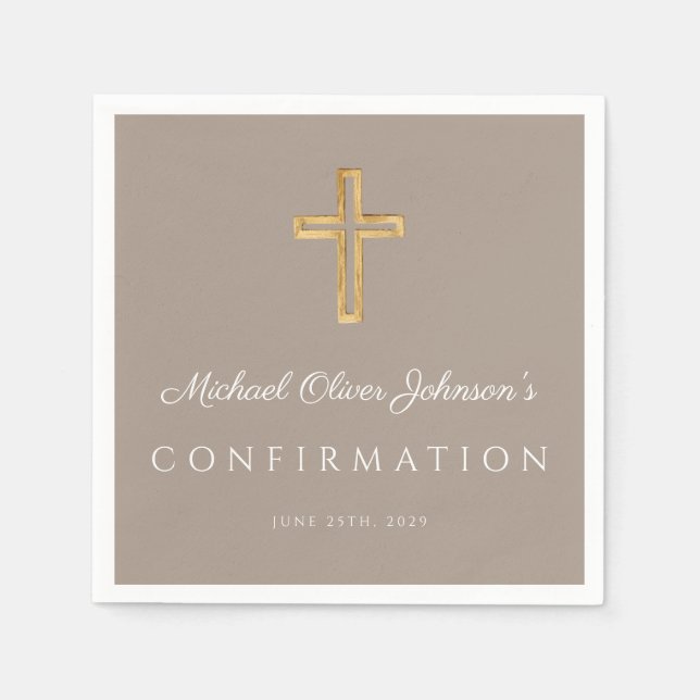 Modern Taupe Religious Cross Boy Confirmation Napkins (Front)