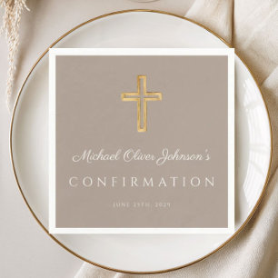 Modern Taupe Religious Cross Boy Confirmation Napkins