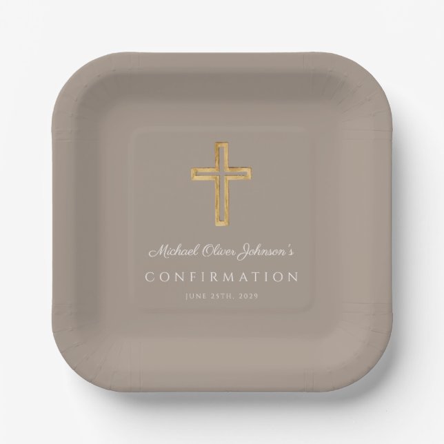 Modern Taupe Religious Cross Boy Confirmation Paper Plates (Front)