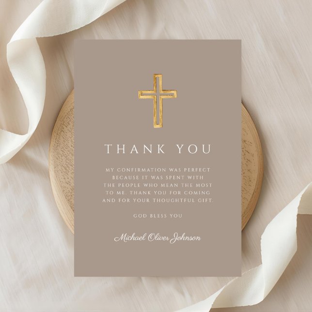Modern Taupe Religious Cross Boy Confirmation Thank You Card (Modern Taupe Religious Cross Boy Confirmation Thank You Card)