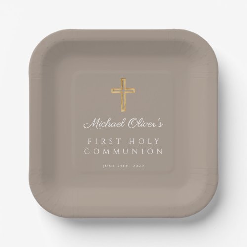 Modern Taupe Religious Cross First Communion Paper Plates