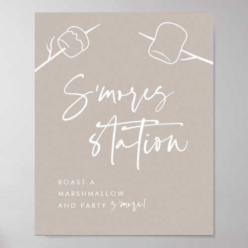 Modern Taupe Script Marshmallow Smores Station Poster