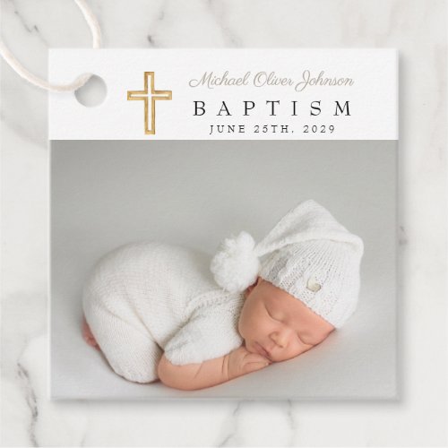 Modern Taupe Script Photo Baptism Thank You Favor Tags