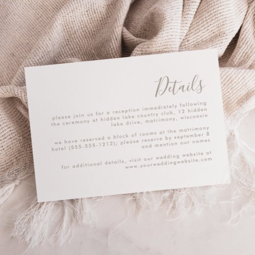 Modern Taupe Script Wedding Details Enclosure Card