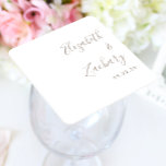 Modern Taupe Script Wedding Square Paper Coaster<br><div class="desc">These simple,  modern wedding coaster favors feature taupe text aligned to the right margin on a white background. Add the couple's names in stylish handwriting calligraphy.</div>
