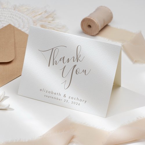 Modern Taupe Script Wedding Thank You Card