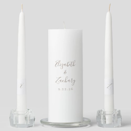 Modern Taupe Script Wedding Unity Candle Set