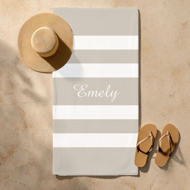 Modern Taupe Striped Name Beach Towel (Modern Taupe Beige Striped Beach Towel)
