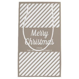 Modern Taupe Stripes Script Merry Christmas Small Gift Bag