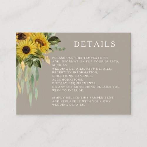 Modern Taupe Sunflower Wedding Details  Enclosure Card