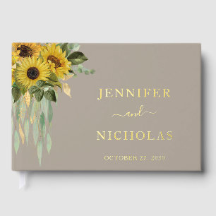 Modern Taupe Sunflower Wedding Gold Foil Guest Book