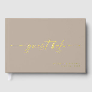 Modern Taupe Wedding Photo Calligraphy Script Foil Guest Book